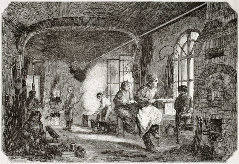 1850 | Foto de archivo - Antigua ilustración de temple y taller de bronceado en fábrica de agujas antiguos. Por autor no identificado, publicado el Magasin Pittoresque, París