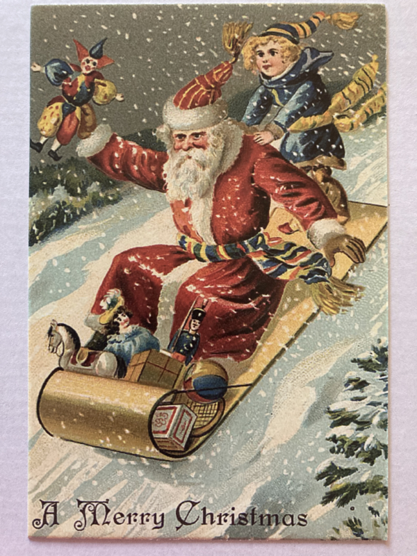 Kerstkaarten | Kerstmannen | Nieuwe blanco kerstkaart of cadeau label 'A Merry Christmas' | Kerstman met arrenslee glijdt van de berg