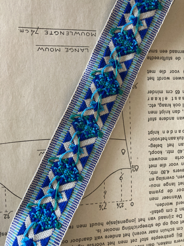 Sierband | Blauw | Jaquard | vintage sierband blauw en azuurblauw ruitje (3,3 cm)