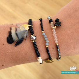 Crystal Beads & Feather - Black, Silver & Gold