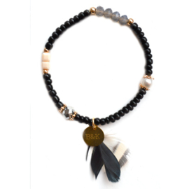 Crystal Beads & Feather - Black, Silver & Gold