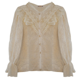 Beige blouse met ruffles en pareltjes