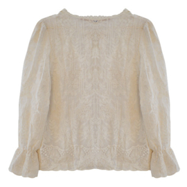 Beige blouse met ruffles en pareltjes