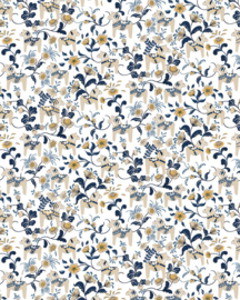 Stof met grote Zweedse paardjes, naturel blauw, 1 meter stukken