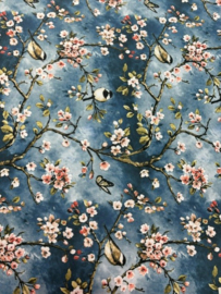 Gecoat tafellinnen/tafelkleed - Japanse vogels donkerblauw