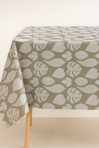 Gecoat tafellinnen/tafelkleed - Velez white bladeren