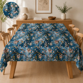 Gecoat tafellinnen/tafelkleed - Japanse vogels donkerblauw
