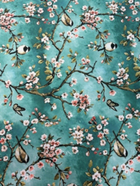 Gecoat tafellinnen/tafelkleed - Japanse vogels aquablauw