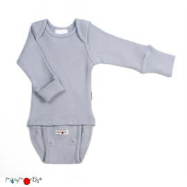 Manymonths - Body shirt en longsleeve in één, merinowol, meegroei maat Newcomer (0 tem 3 a 4 maanden) en Adventurer - Bright Silver