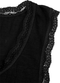 Engel Natur - Dames Mouwloos hemd in bio merinowol met zijde; met kanten boordje - Zwart -  op voorraad in  34/36, 38/40, 42/44 of 46/48