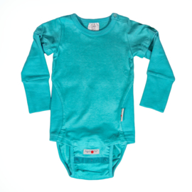 Manymonths - Body short / longsleeve met verwijderbare mouwen en onderstuk, hennep en biokatoen, meegroei maten - Turquoise - Meegroei maat Charmer Explorer = 3 tem 18 maanden