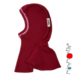 Manymonths - Elephant Hood bivakmuts in merino wol, afgewerkt met kant - Raspberry Red - meegroei maat Charmer Explorer (3 tem 12 à 18 maanden)