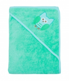 Imse Vimse - Bio baby handdoek met kapje - Turquoise met uiltje, 75 x 75 cm