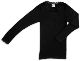 Engel Natur - Dames Longsleeve in bio merinowol met zijde - Zwart met kanten boordje -  op voorraad in 38/40, 42/44 of 46/48