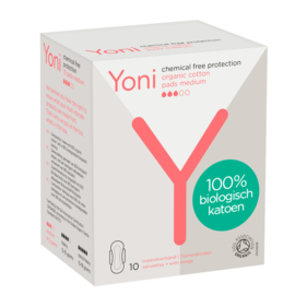 Yoni - Maandverband voor eenmalig gebruik, 100% biokatoen - Medium met vleugels - 10 stuks