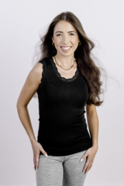 Engel Natur - Dames Mouwloos hemd in bio merinowol met zijde; met kanten boordje - Zwart -  op voorraad in  34/36, 38/40, 42/44 of 46/48