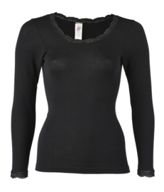 Engel Natur - Dames Longsleeve wol zijde met kanten boord - Zwart in 34/36, 42/44, 46/48. Ontbrekende maten kunnen worden bij besteld.