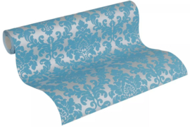 Little Green Tulip poeder Blauw vliesbehang Barok Damask 360954
