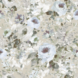 Landelijk bloemen behang beige zandkleurig blauw EE22549