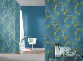 blauw geel bloemen vlies behang x02