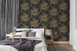 EXCLUSIEF BEHANG TEXTIELLOOK GOUD ZWART BLOEMEN KLASSIEK 30657-7