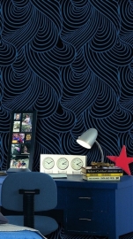 retro vlies behang blauw Zwart x22