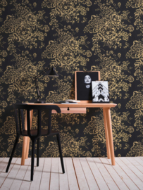 EXCLUSIEF BEHANG TEXTIELLOOK GOUD ZWART BLOEMEN KLASSIEK 30657-7