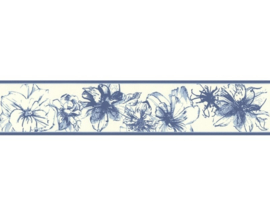 Behangrand bloemen blauw wit