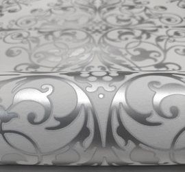 Barok Behang Grijs Wit Metallic – Vinyl Luxe | 6837-0