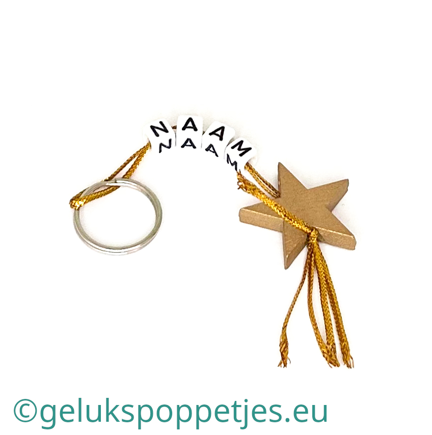 Naam sleutelhanger met geluksster hangertje in goud of zilverkleur