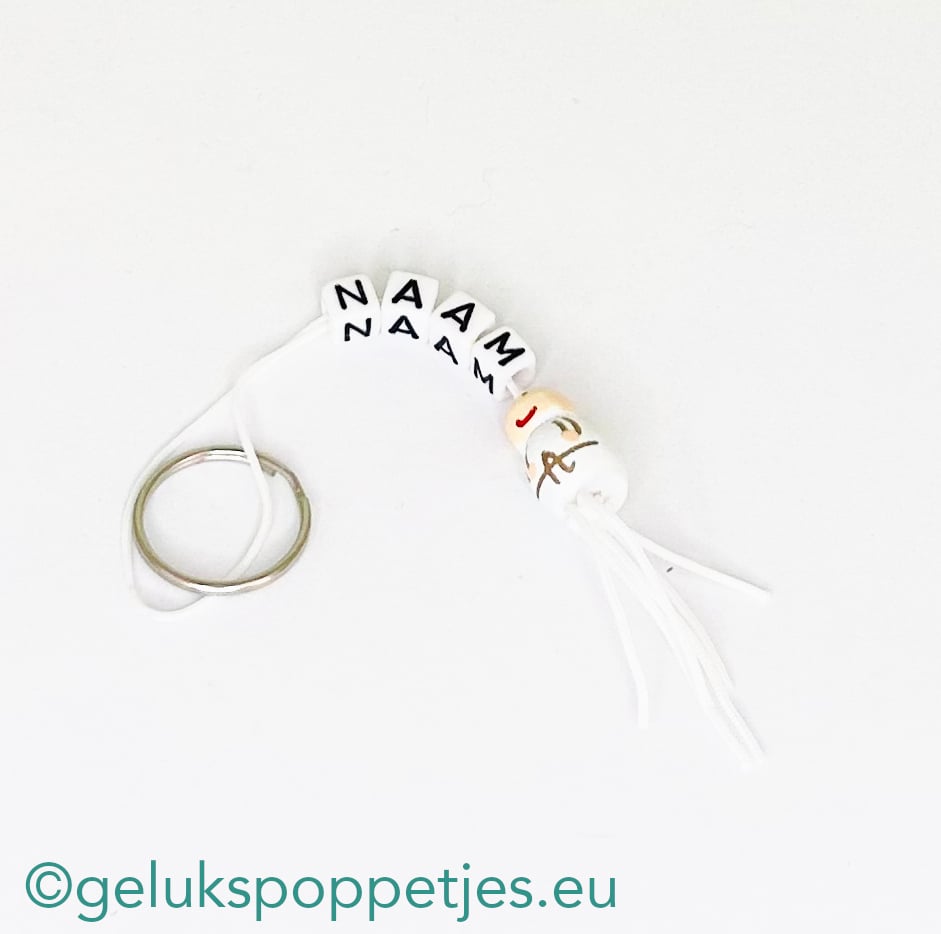 Naam sleutelhanger met wit geluksengeltje
