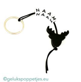 Naam sleutelhanger met zwarte plat rendier gelukshangertje