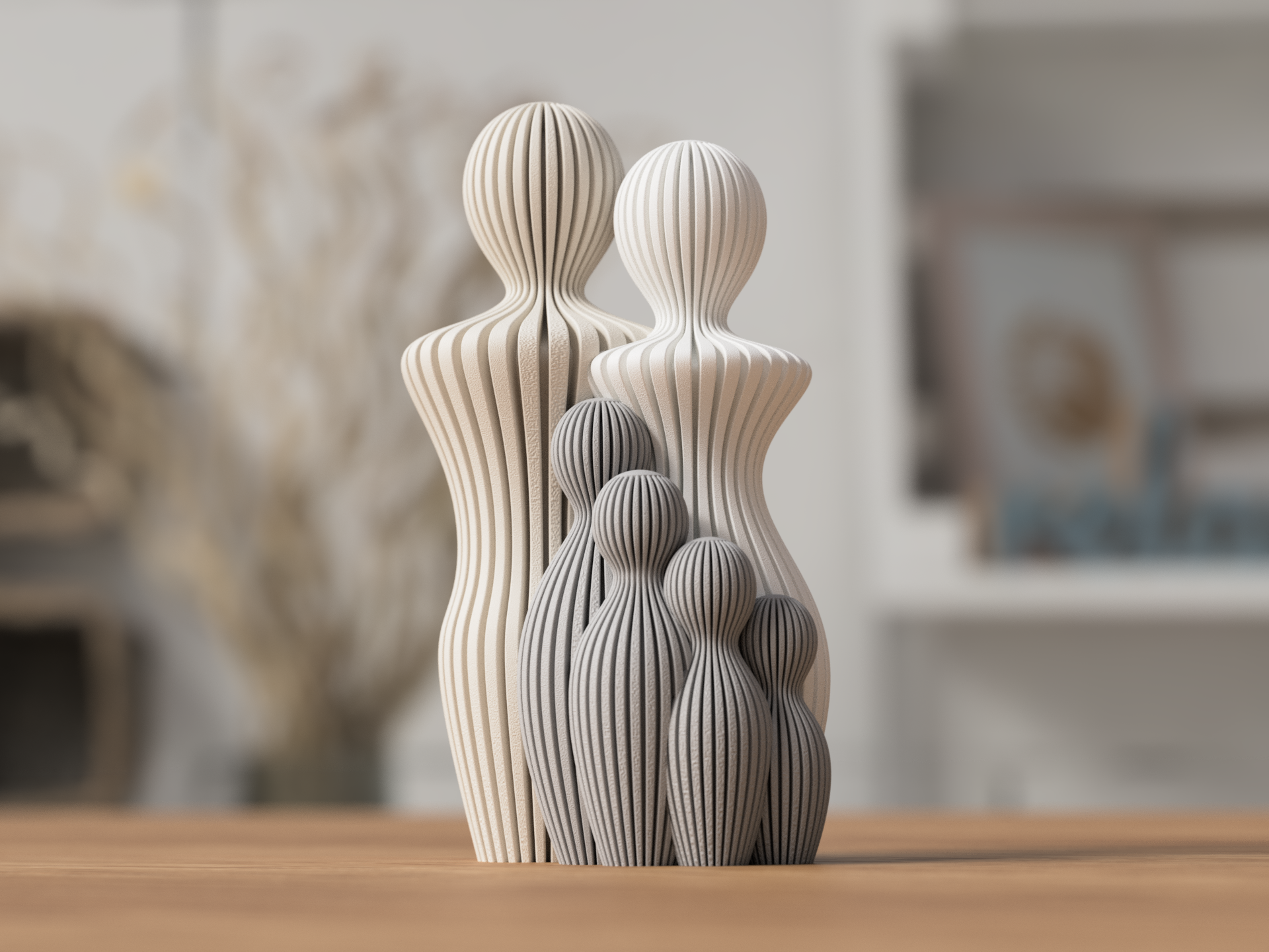 Modern 3d geprint beeldje gezin met 4 kinderen