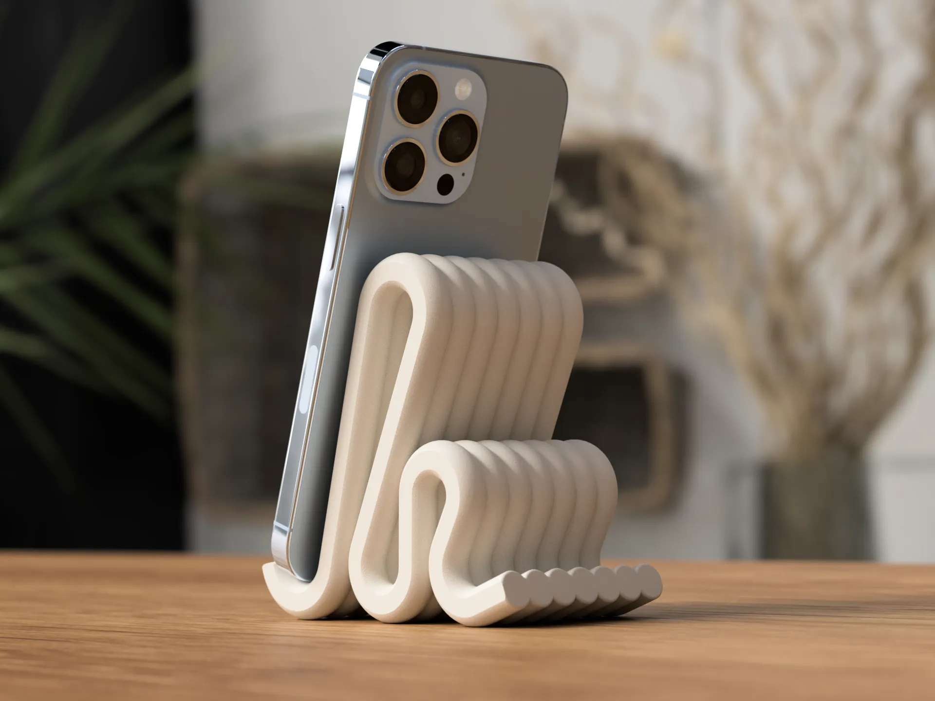 3D-geprinte Telefoonhouder – Minimalistisch Golvend Design