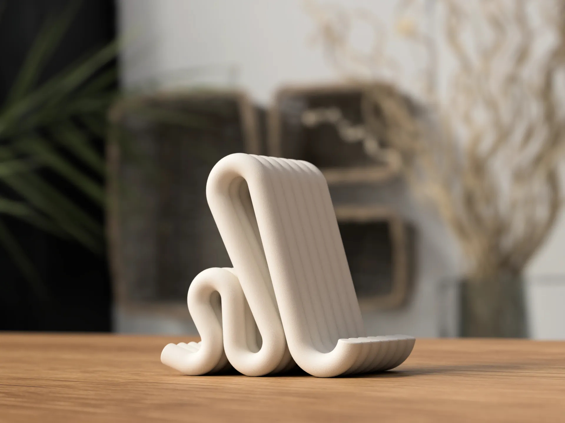 3D-geprinte Telefoonhouder – Minimalistisch Golvend Design
