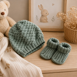 Gebreide baby-sokjes en muts sage green