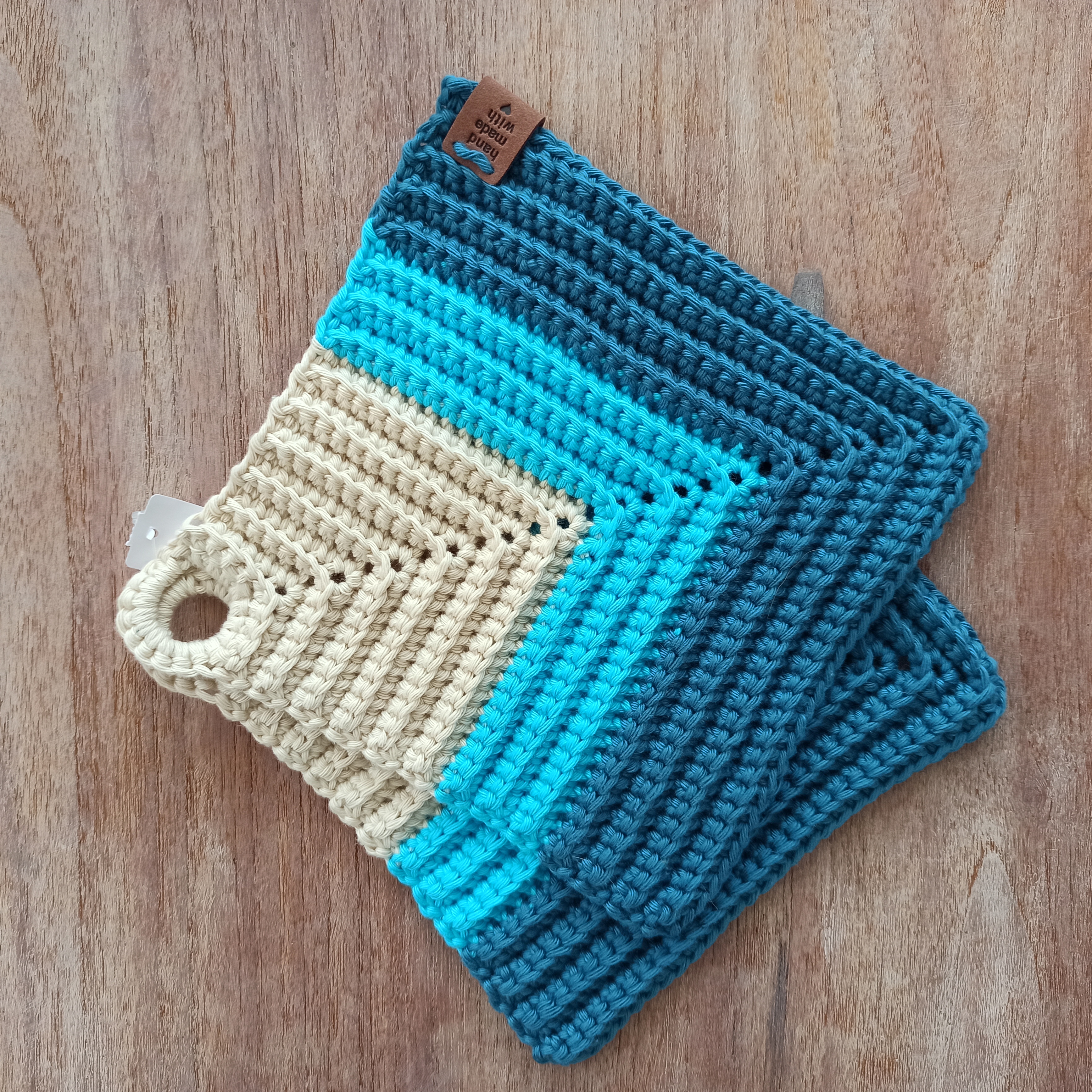 Gehaakte pannenlappen ecru/blauw