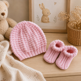 Gebreide baby-sokjes en muts roze
