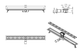 Geborsteld messing douchegoot 40mm aansl. +flens 90x7