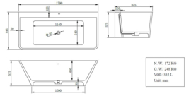 Solid surface semi-vrijstaand bad Inge 179x84,5x57,5 cm mat wit