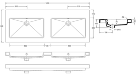 Wiesbaden keramische wastafel 120x46 cm met dubbele wasbak en zonder kraangaten