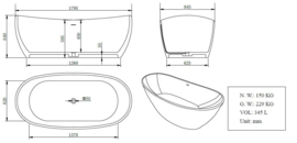 Wiesbaden Solid surface vrijstaand bad Eva 179,5x84,5x64 cm mat wit