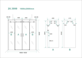 Schuifbare nisdeur 4-d. 180x200 cm chr.8mm NANO