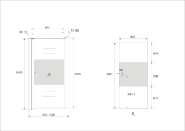 Wiesbaden nisdeur met muurprofiel + 1/3 mat glas (70, 80, 90 of 100 cm) 8 mm glas, rechts