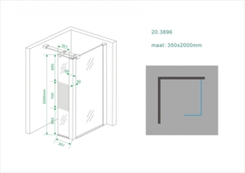 Wiesbaden zijwand met hoekprofiel +1/3 mat glas (35 cm) 10 mm glas