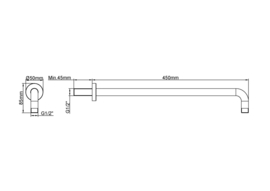 Gebogen douche-arm rond muur. 45cm geborsteld koper