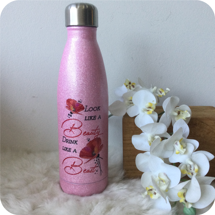 Waterfles gliter rose