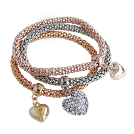 armbanden set roze/zilver/goud met hartjes