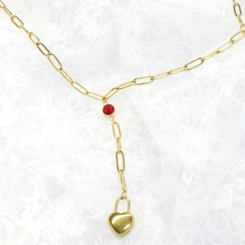 romantische schakel ketting  Red Stone met hartjes-slot bedel, stainless steel