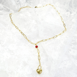 romantische schakel ketting  Red Stone met hartjes-slot bedel, stainless steel